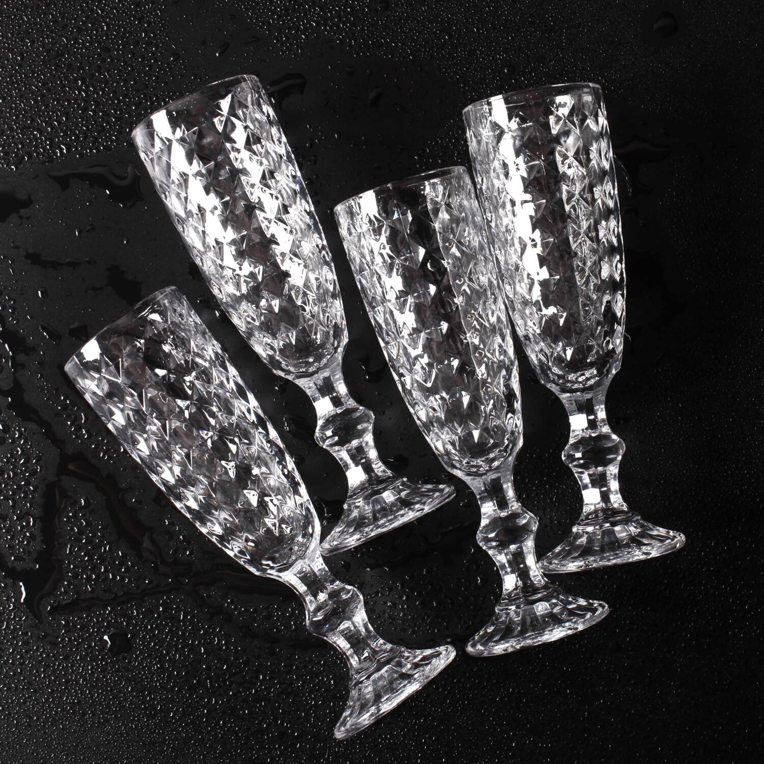 Set of 4 Vintage Pressed Glass Champagne Flutes, Clear Italian Stemware