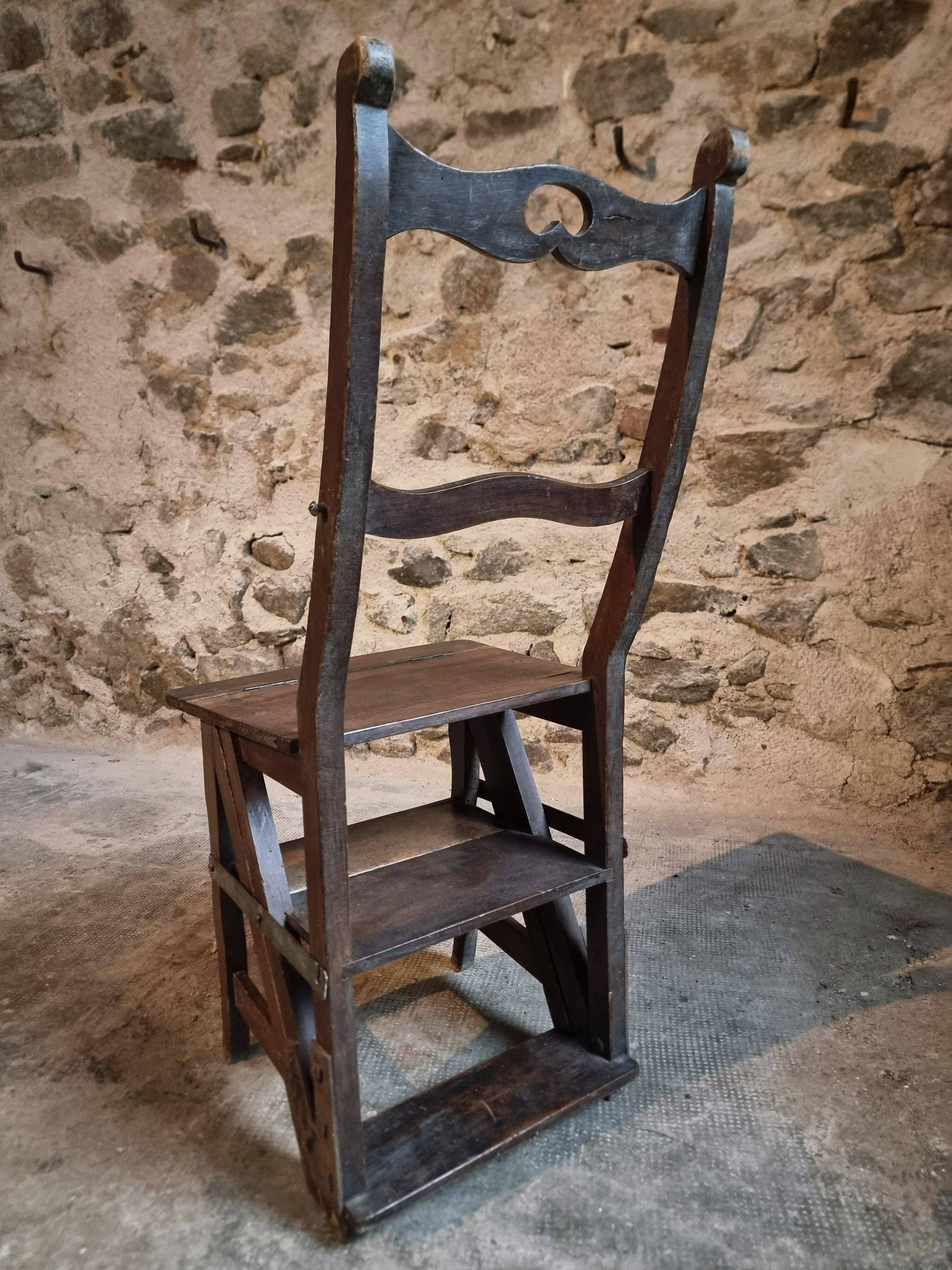 Chaise escabeau de bibliothèque ancienne – Chaise métamorphique en hêtre, France, début 1900