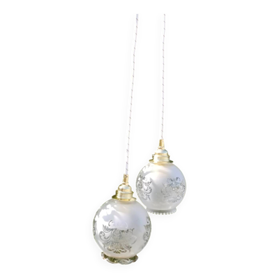 Suspension lustre double verrerie rétro chic, vintage upcyclé