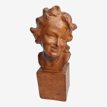 Bust of a laughing child in patinated plaster, 35 cm