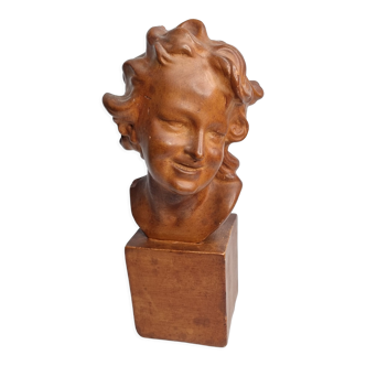 Bust of a laughing child in patinated plaster, 35 cm