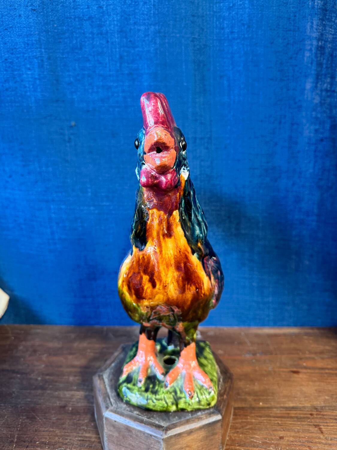 Ceramic sculpture of a rooster from Bavent, glazed terracotta, 1960.
