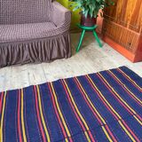 Romanian rug handwoven in wool, purple background with red and yellow stripes 183x133cm