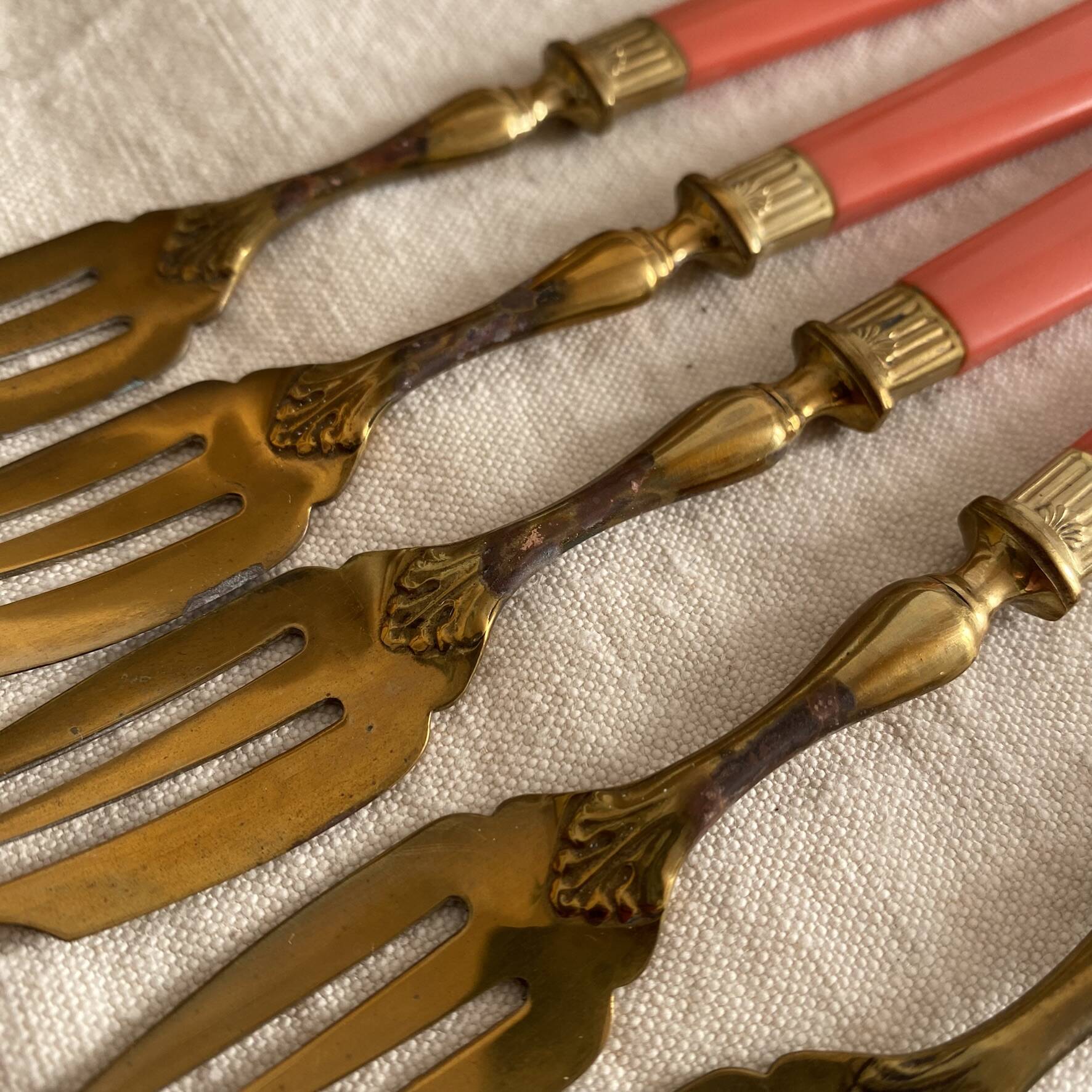 Set of 12 coral and gold dessert forks