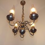 French Vintage Pewter 4 Light Flemish Chandelier Hand Blown Lantern Shades 5104