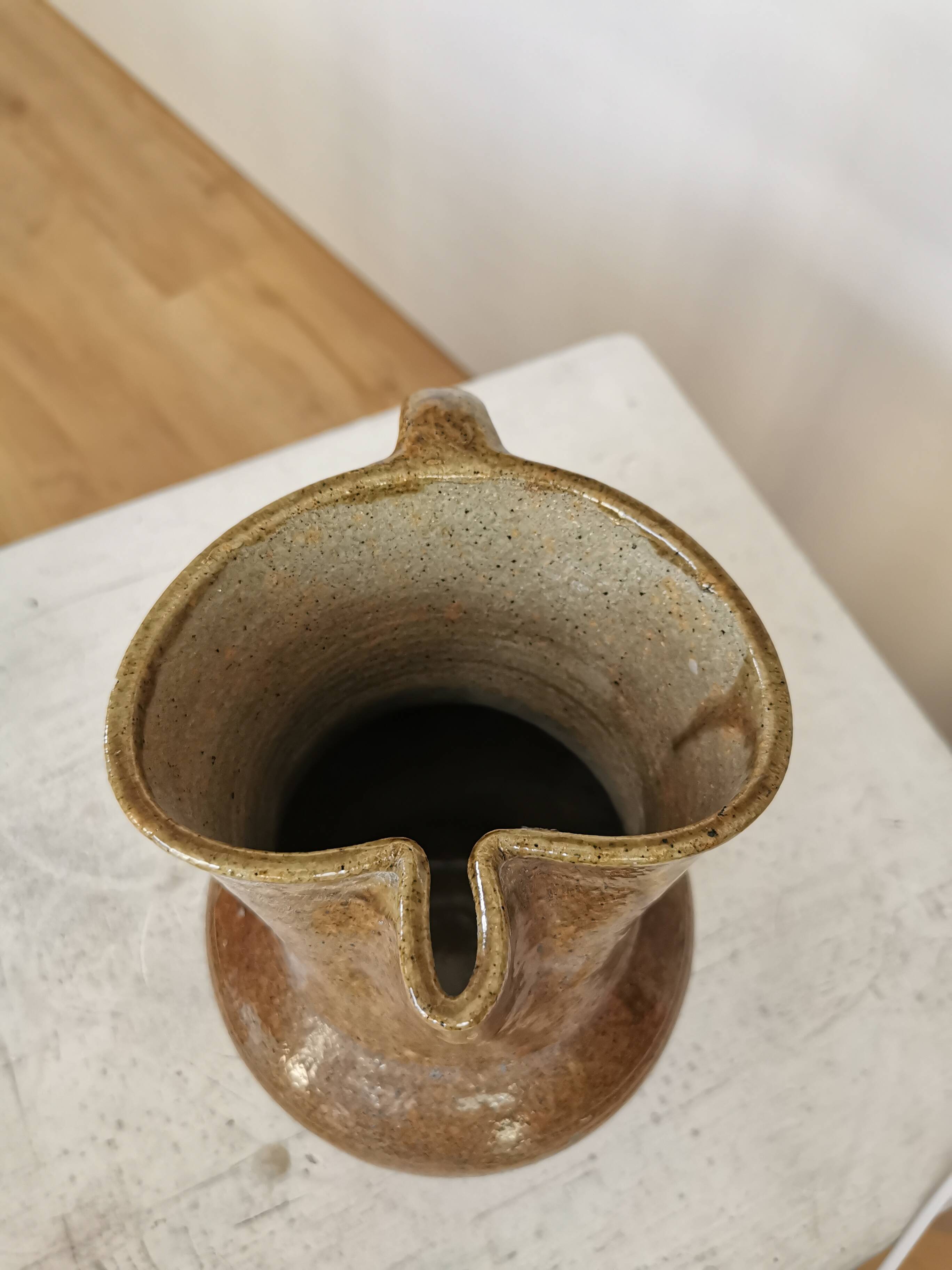 Vintage Studio Pottery Owl Pitcher: Speckled Glaze Stoneware Vase