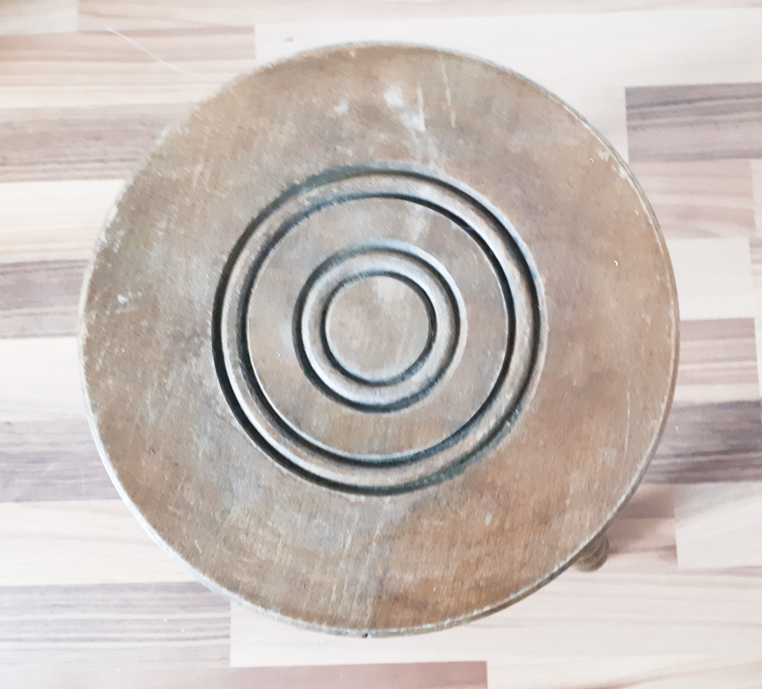 Vintage round milking stool , solid wood , tripod , 50s