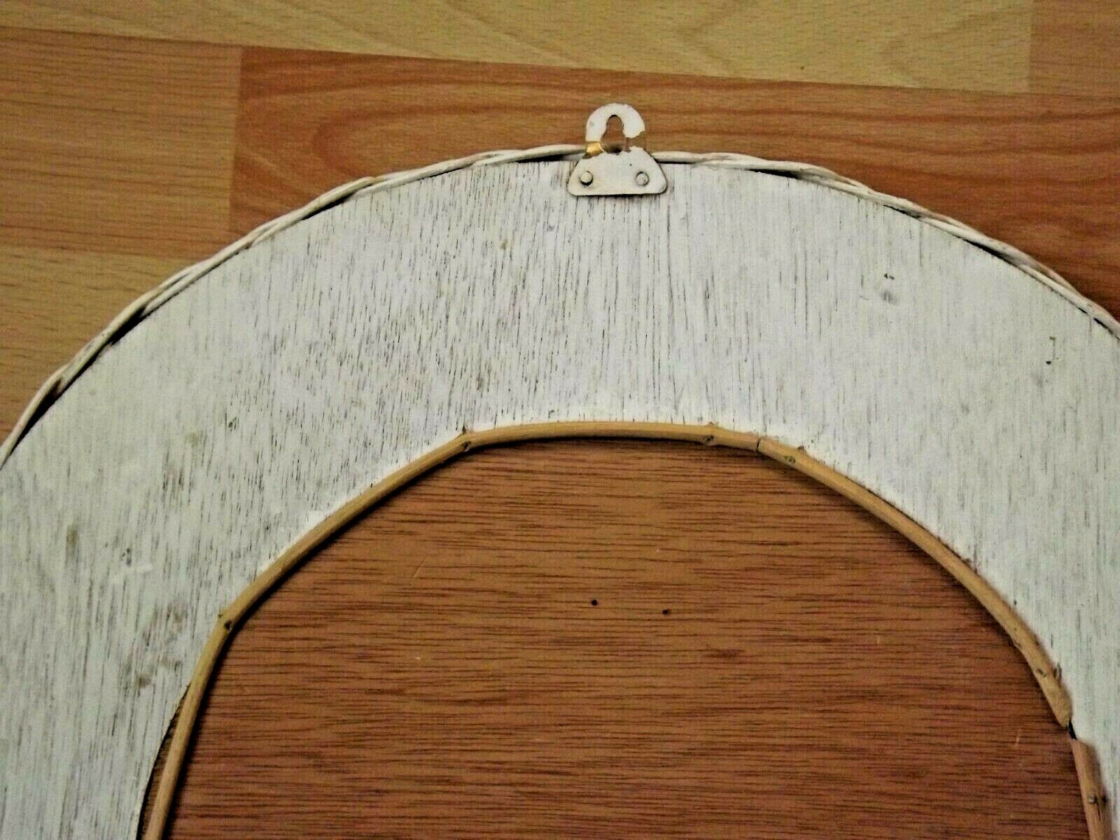 Vintage French White Oval Rattan Mirror Plywood Back Hanging Hook.