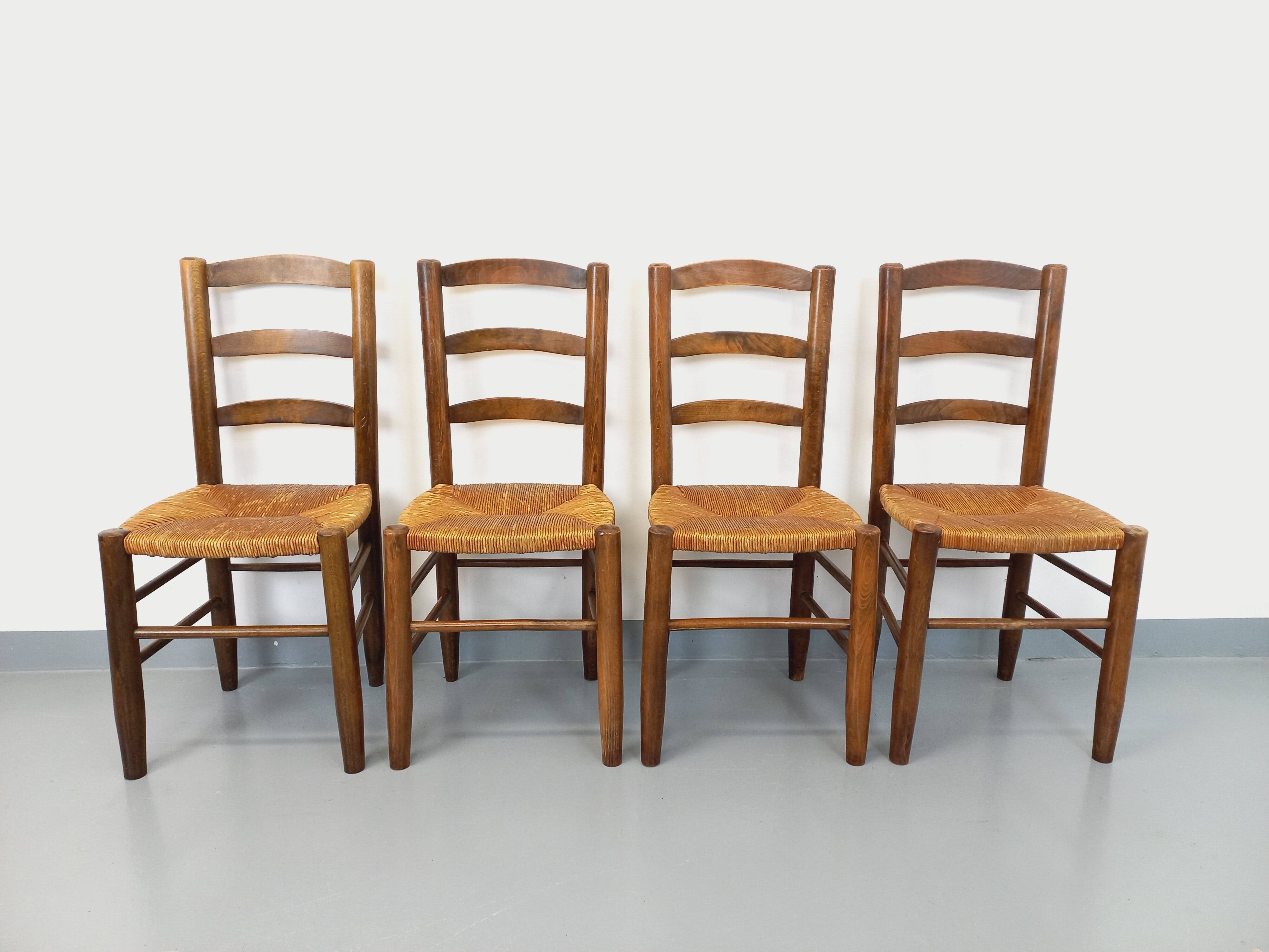 Set of 4 vintage brutalist chairs in wood and straw from the 60s