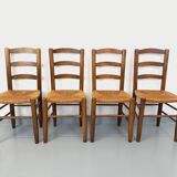 Set of 4 vintage brutalist chairs in wood and straw from the 60s