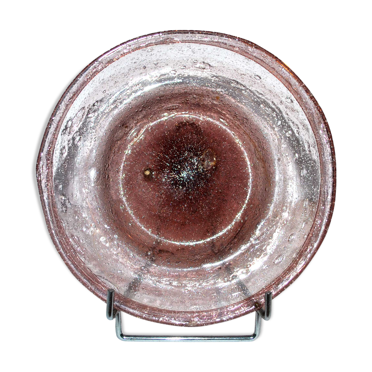 Antique plate in pink bubbled blown glass