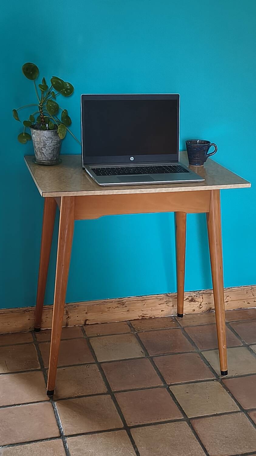 Vintage bistro table with compass legs, formica, beech, 50 x 70.