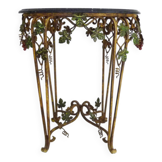Vintage oval pedestal table with floral metal structure and marble top