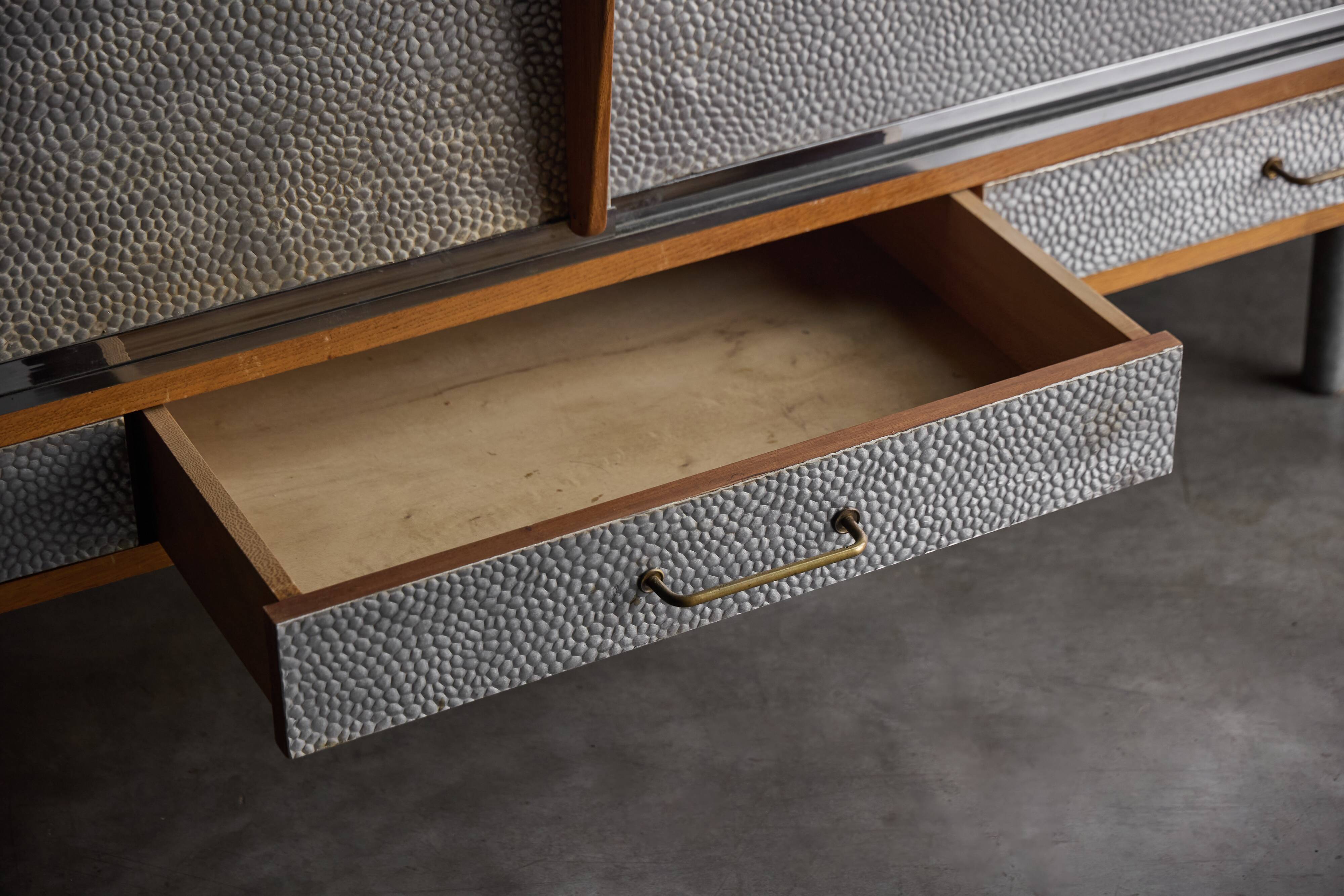 Mid-Century Modern Sideboard with Hammered Metal Façade, France, 1960s