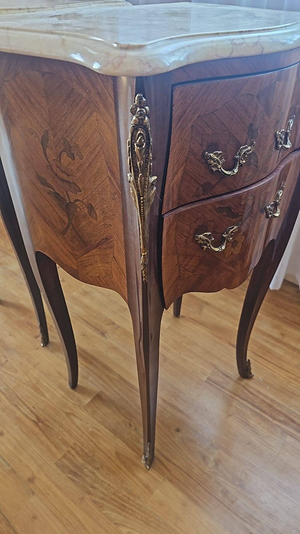 Pair of Louis XV style bedside tables with marquetry and marble top