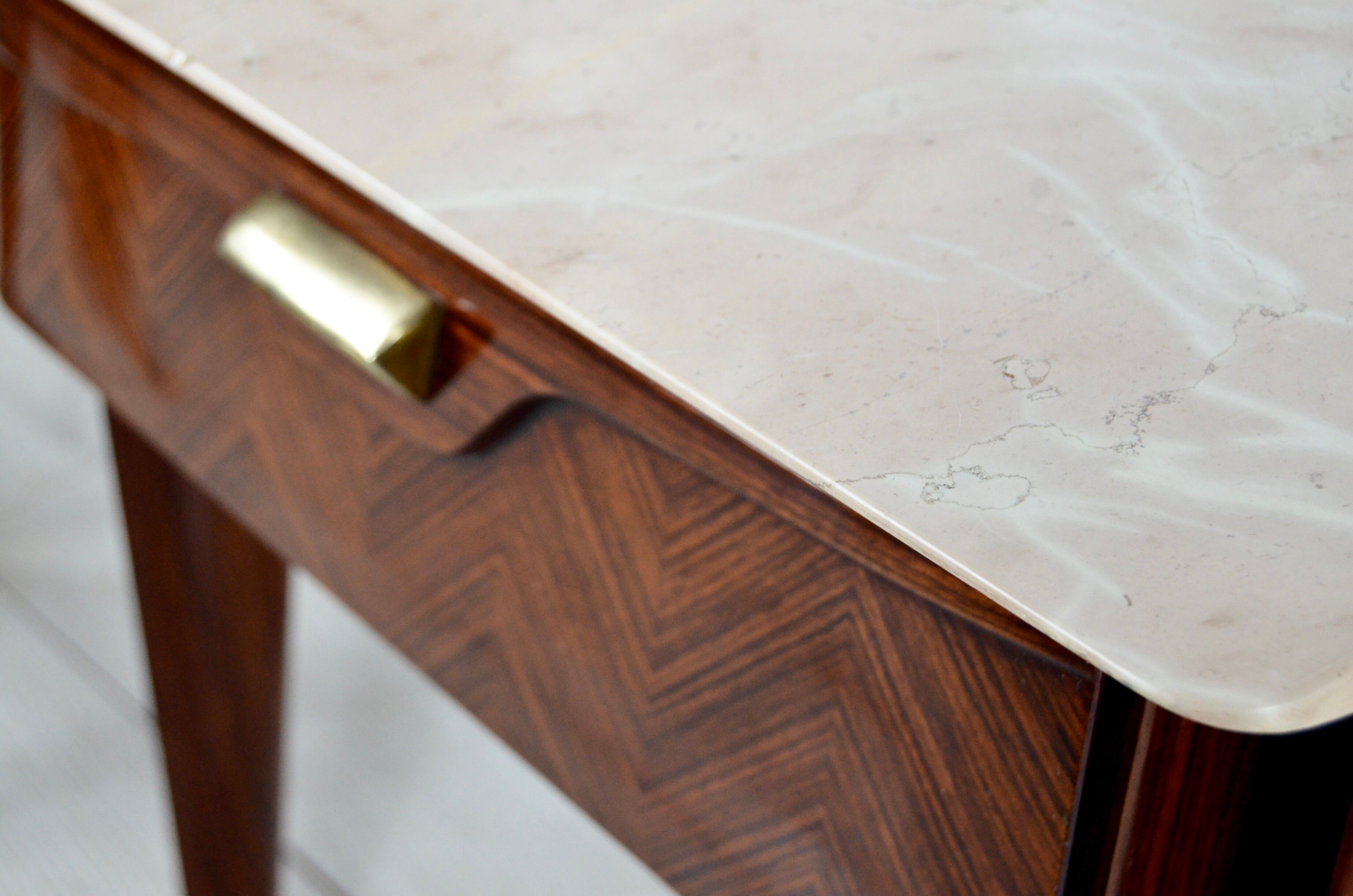Set of 2 italian midcentury rosewood, carrara marble and brass bedside tables / cabinets. vintage