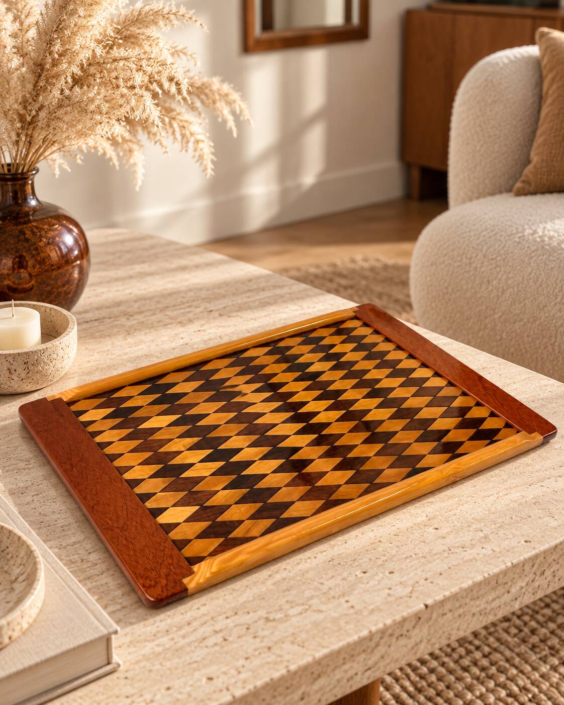 One-of-a-Kind Handmade Geometric Marquetry Tray