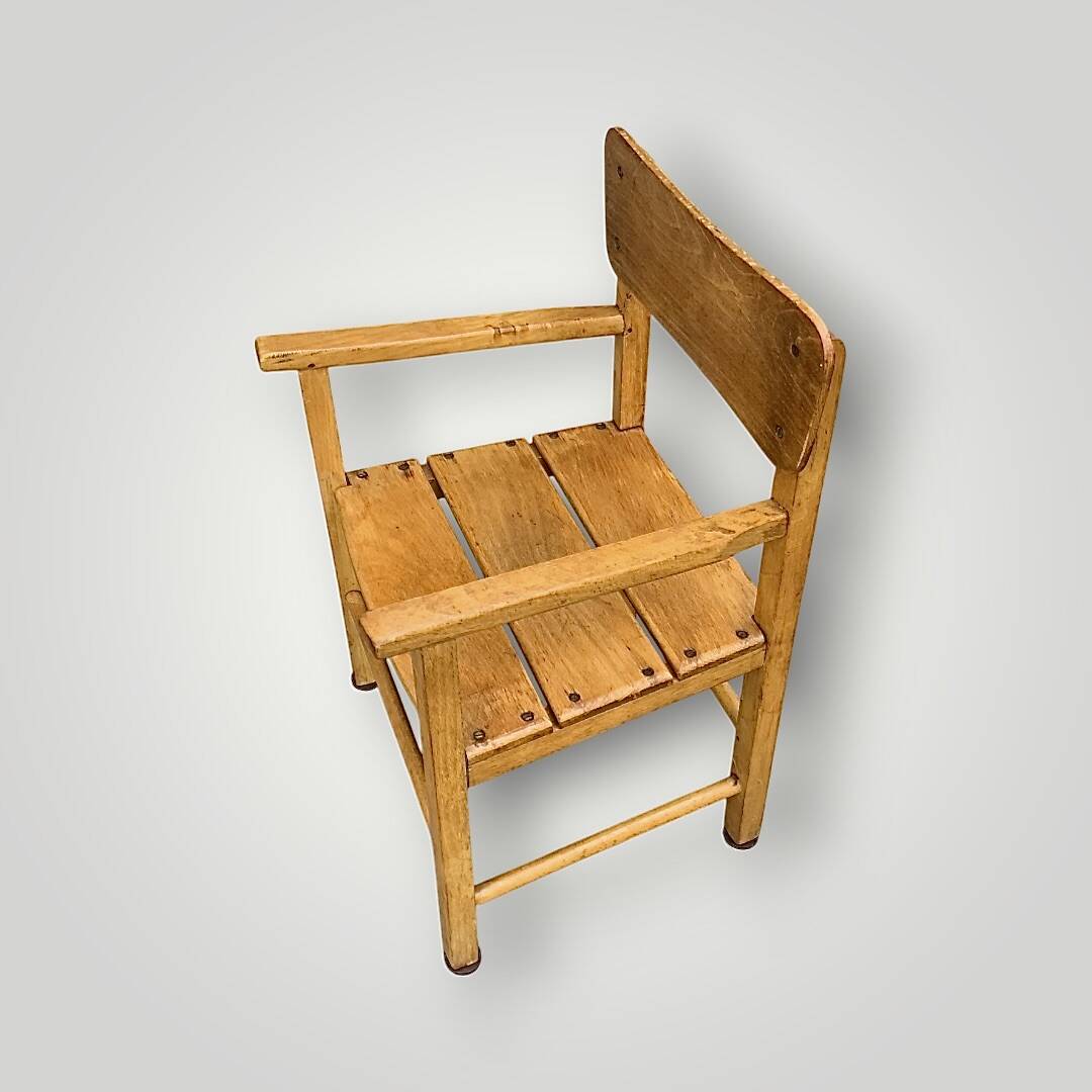 Antique wooden children's chair with armrests – marked unifa