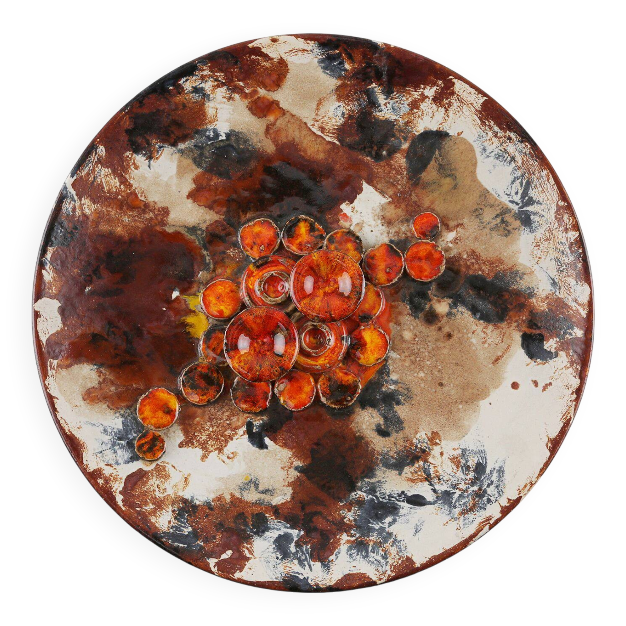 Ruscha Keramik fat lava wall plate mushrooms 717/3, West Germany 1970s