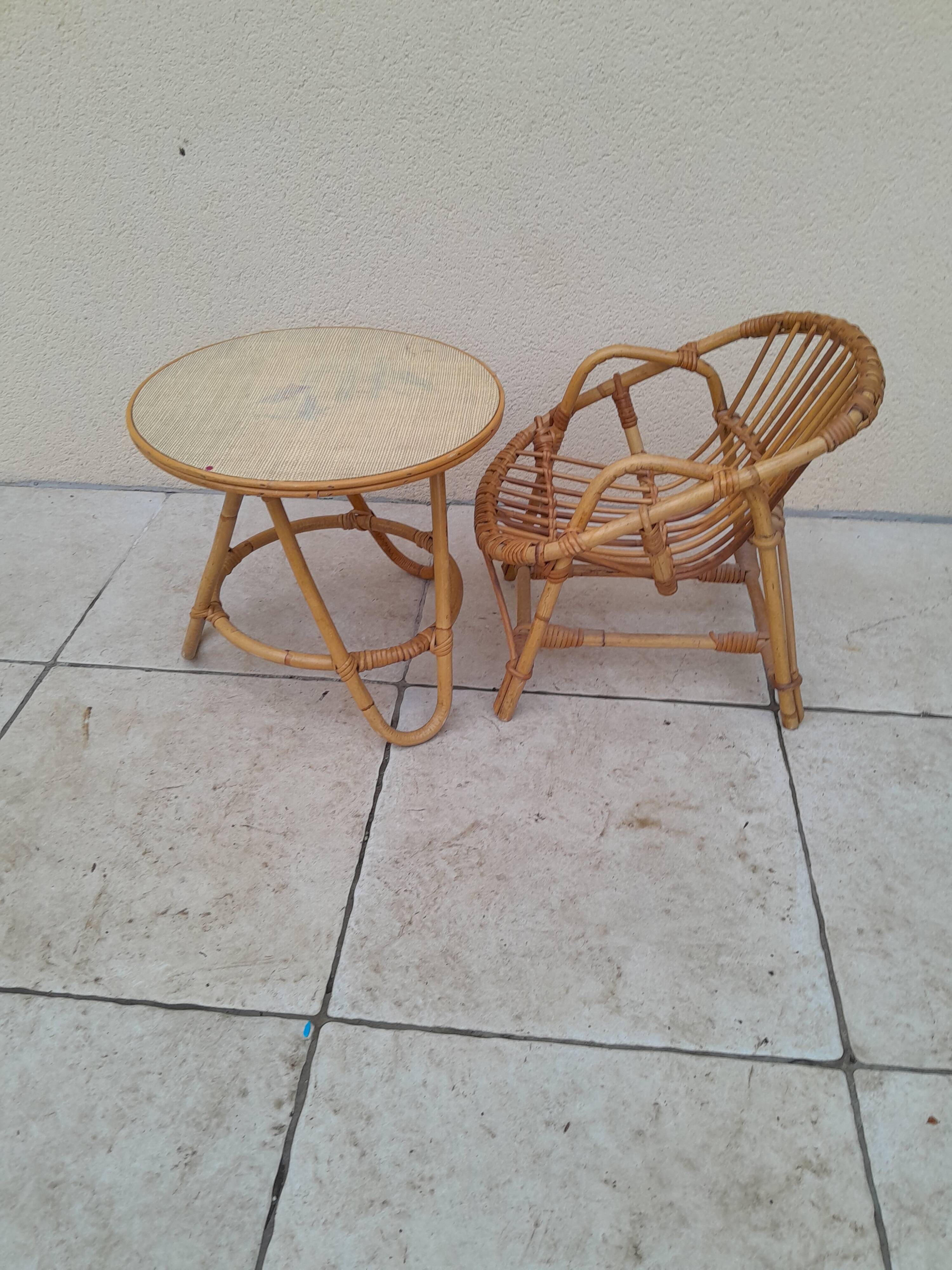 Vintage rattan children's table and armchair