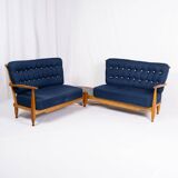 Grande banquette éventail d'angle en chêne, Guillerme et Chambron, 1970s