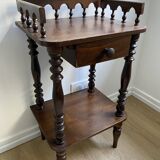 Nightstand, turned wooden bedside table opening with a drawer, vintage telephone table.