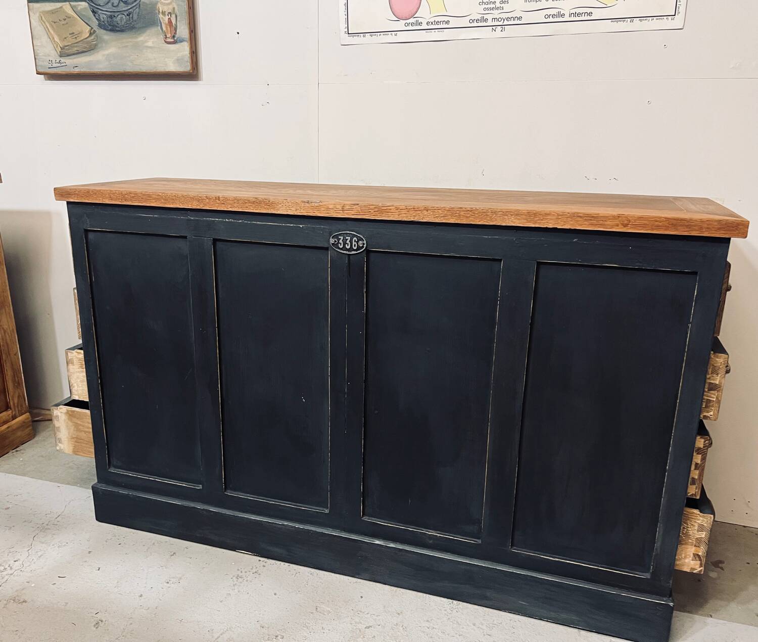 Old oak workshop drawer unit