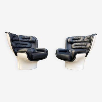 2x Joe Colombo Elda LONGHI Chair Black leather, White fiberglass