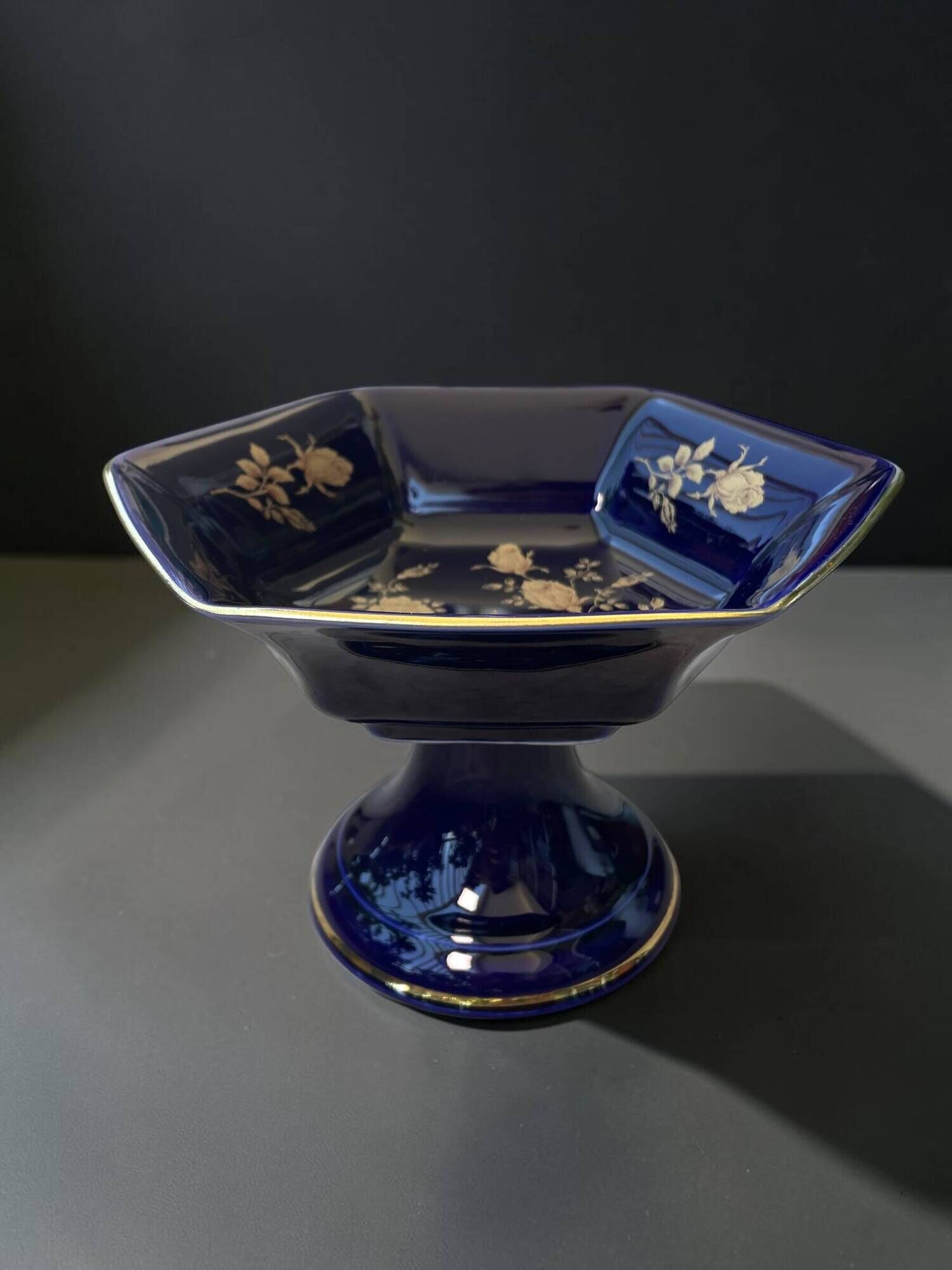 Vintage footed cup bareuther bavaria, cobalt and gold porcelain, 1st year.