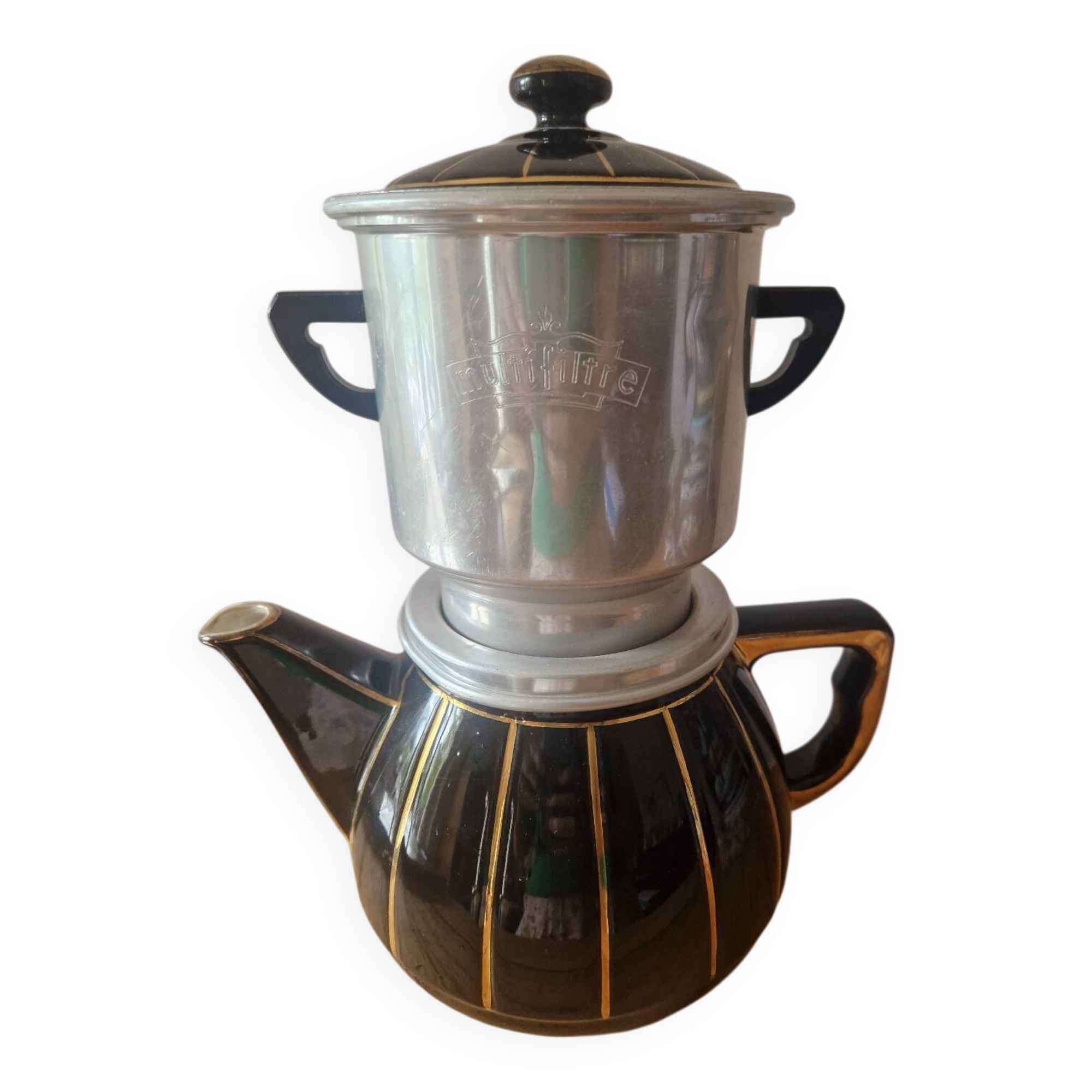 Cafetière vintage porcelaine à feu filtre alu Faience années 60 théière