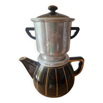 Cafetière vintage porcelaine à feu filtre alu Faience années 60 théière
