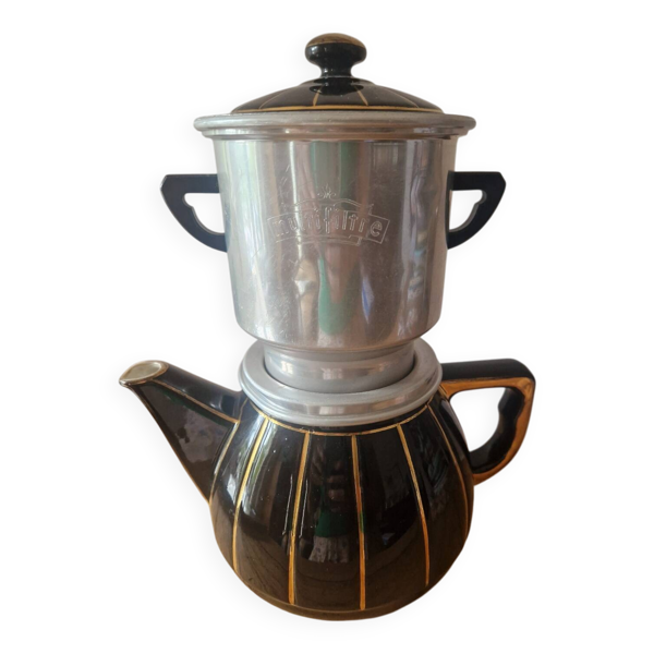 Cafetière vintage porcelaine à feu filtre alu Faience années 60 théière
