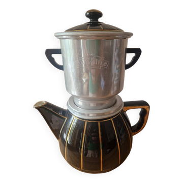 Cafetière vintage porcelaine à feu filtre alu Faience années 60 théière