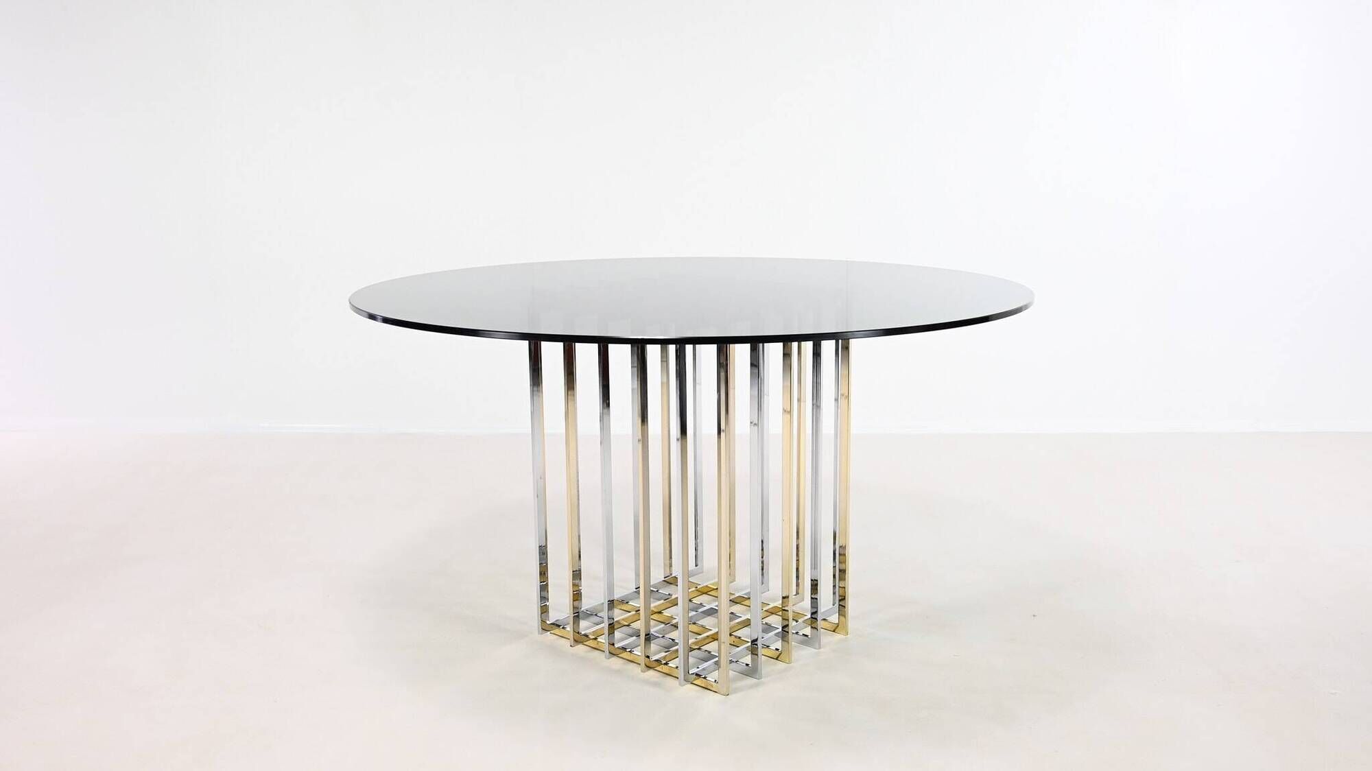 Pierre cardin, “cage” dining table, chrome and gilded steel. france, circa 1970.