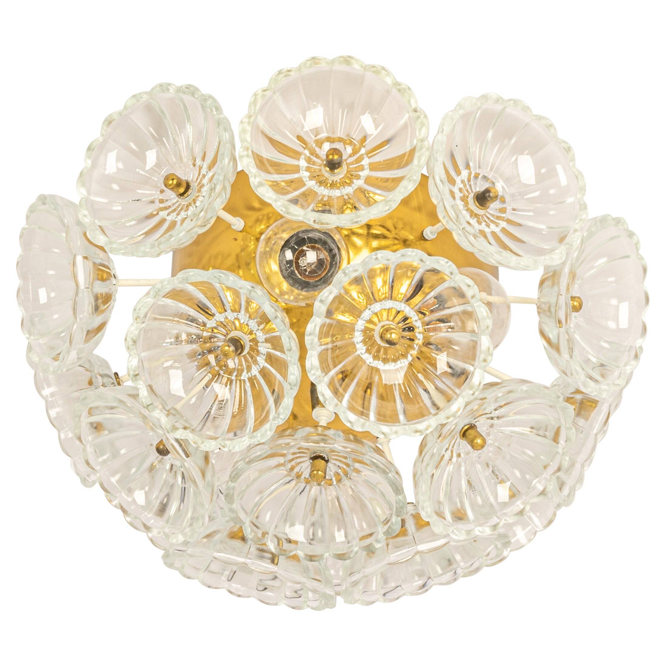 Sputnik ceiling light in floral glass and brass, Germany, 1960s.