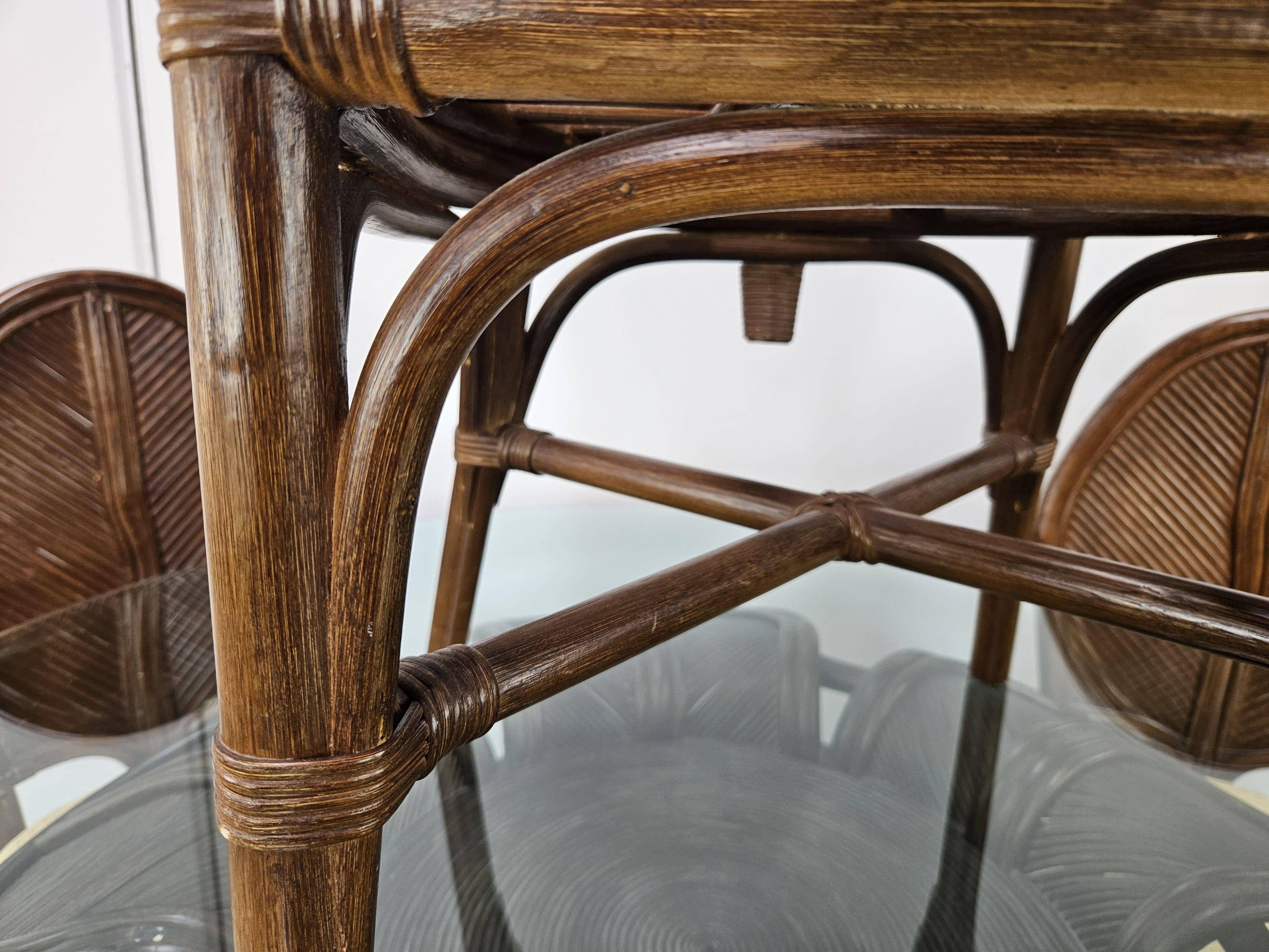 Ensemble table et quatre chaises en osier et bambou par Vivai Del Sud, 1970