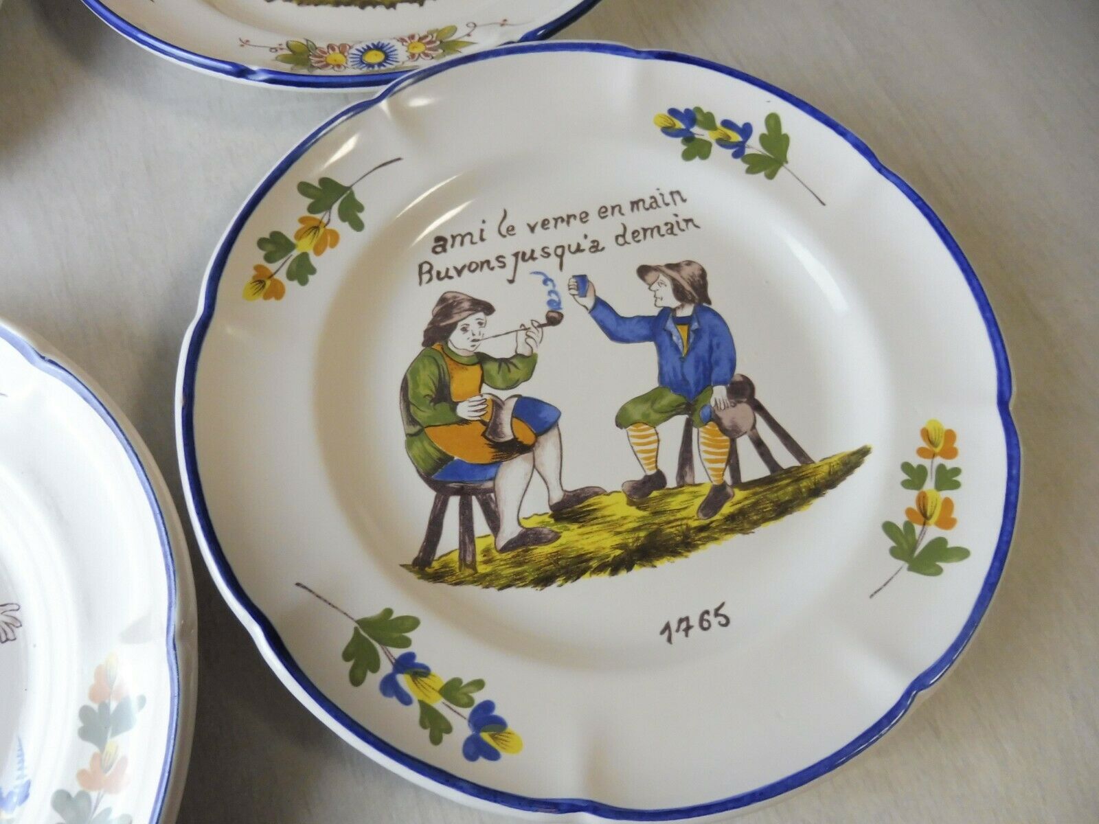 Lot of old plates, Decoration Rouen / peasant, St Clement PD