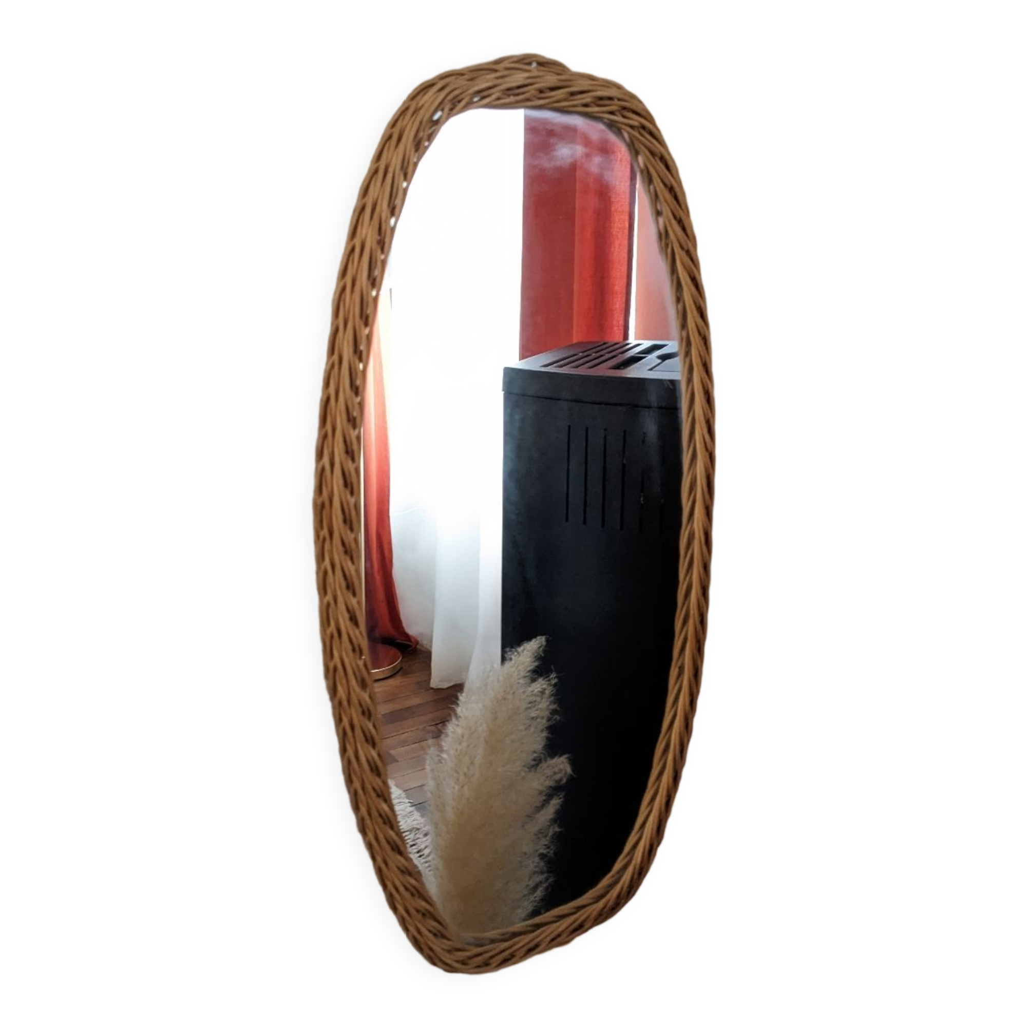 Vintage oval rattan mirror