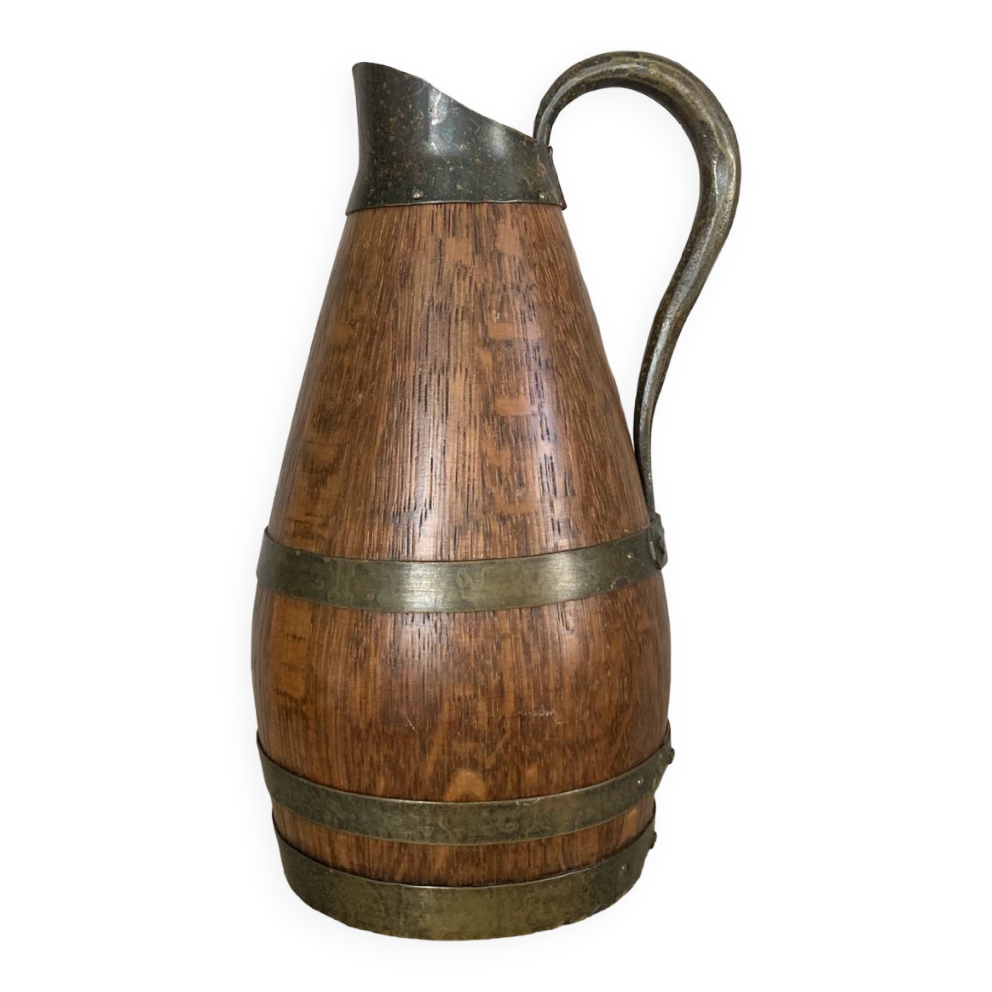 Beaune brandy pitcher in solid oak with brass rims 1970s