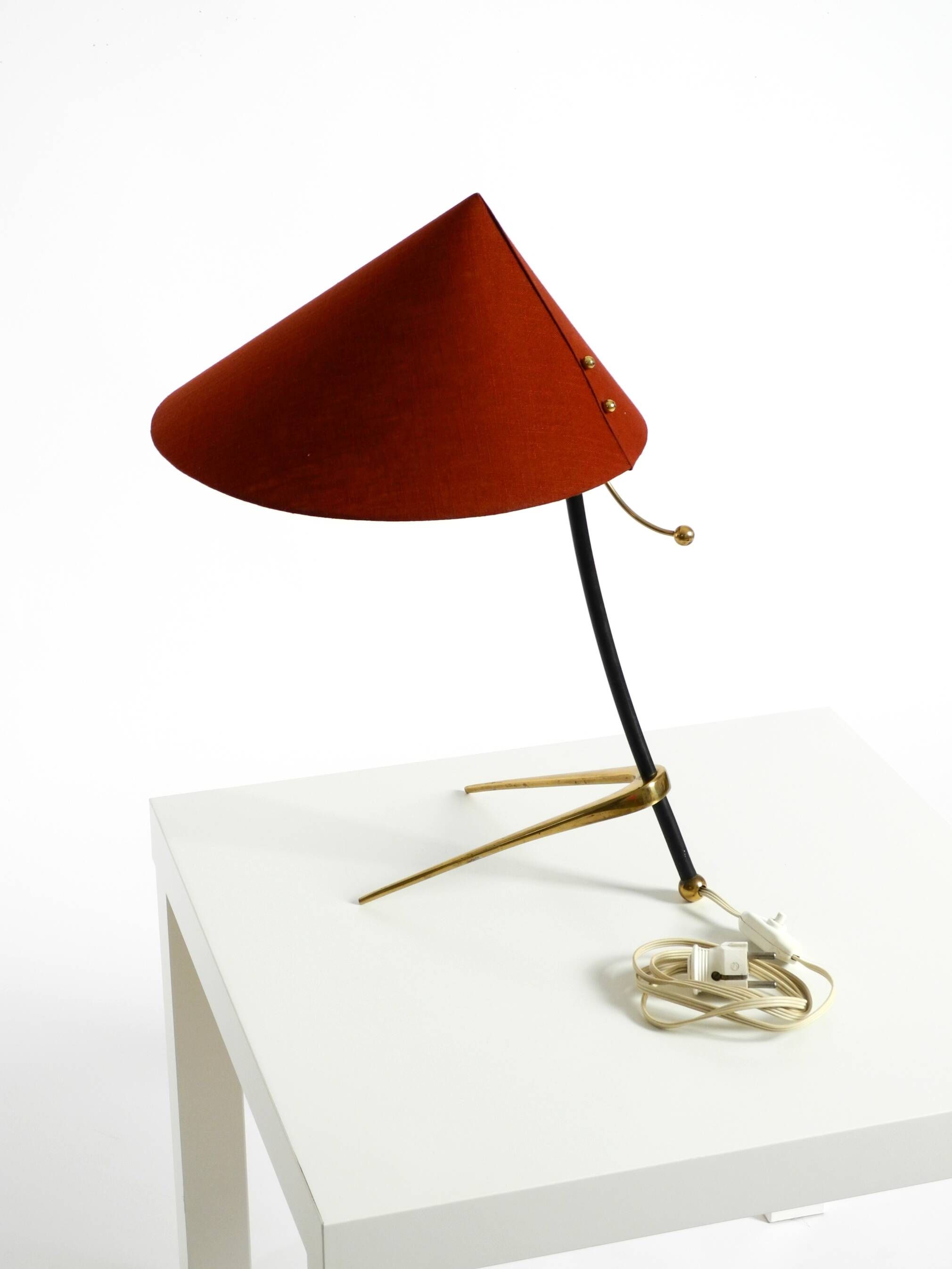 Large Kalmar Mid-Century tripod brass table lamp with a new fabric shade