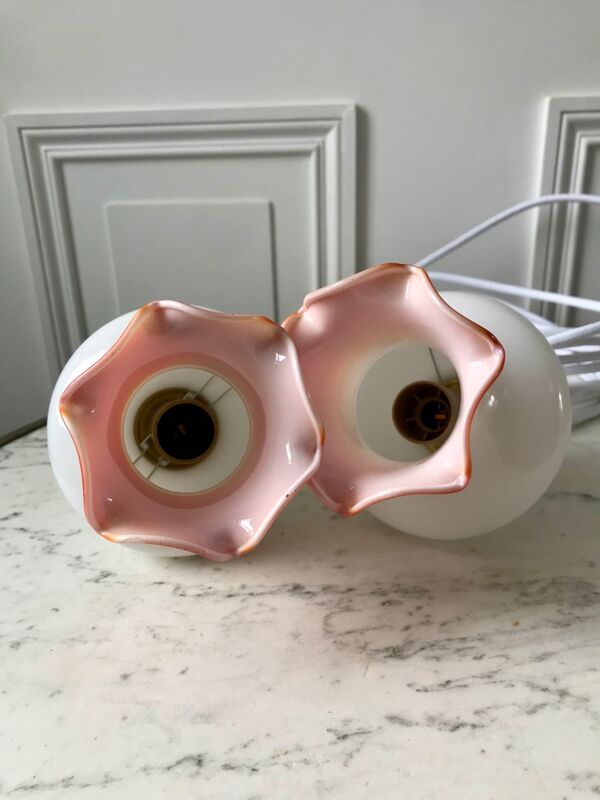 Ensemble de 4 suspensions tulipes en opaline orange dégradé fil orange et blanc années 70