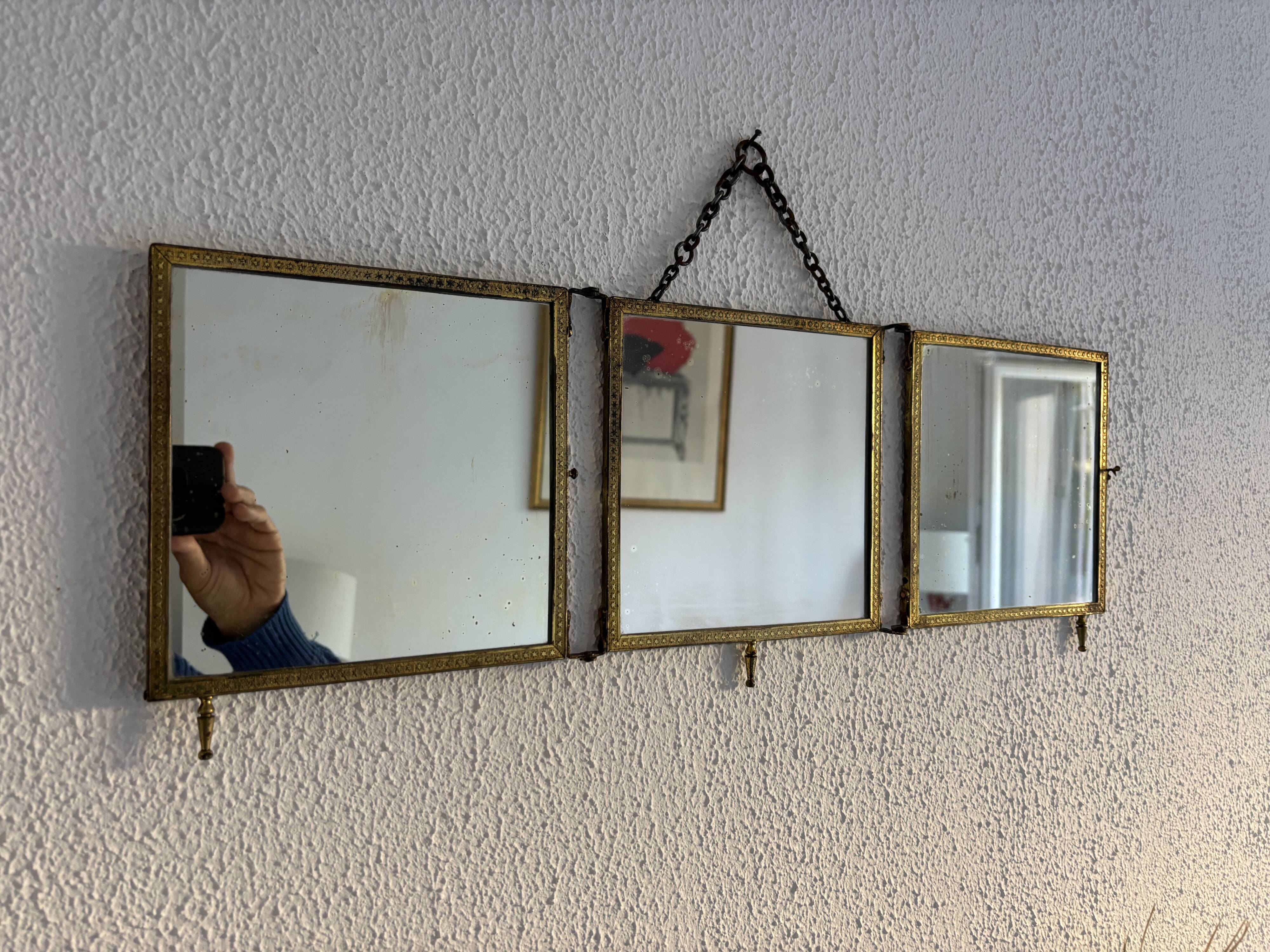 Vintage 1900 triptych barber mirror in gold, gallant scene - 20 x 59 cm