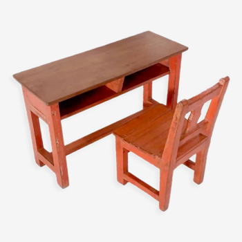 Old set desk and school chair in original red teak Burmese patina