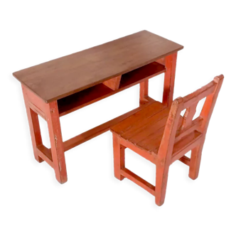 Old set desk and school chair in original red teak Burmese patina