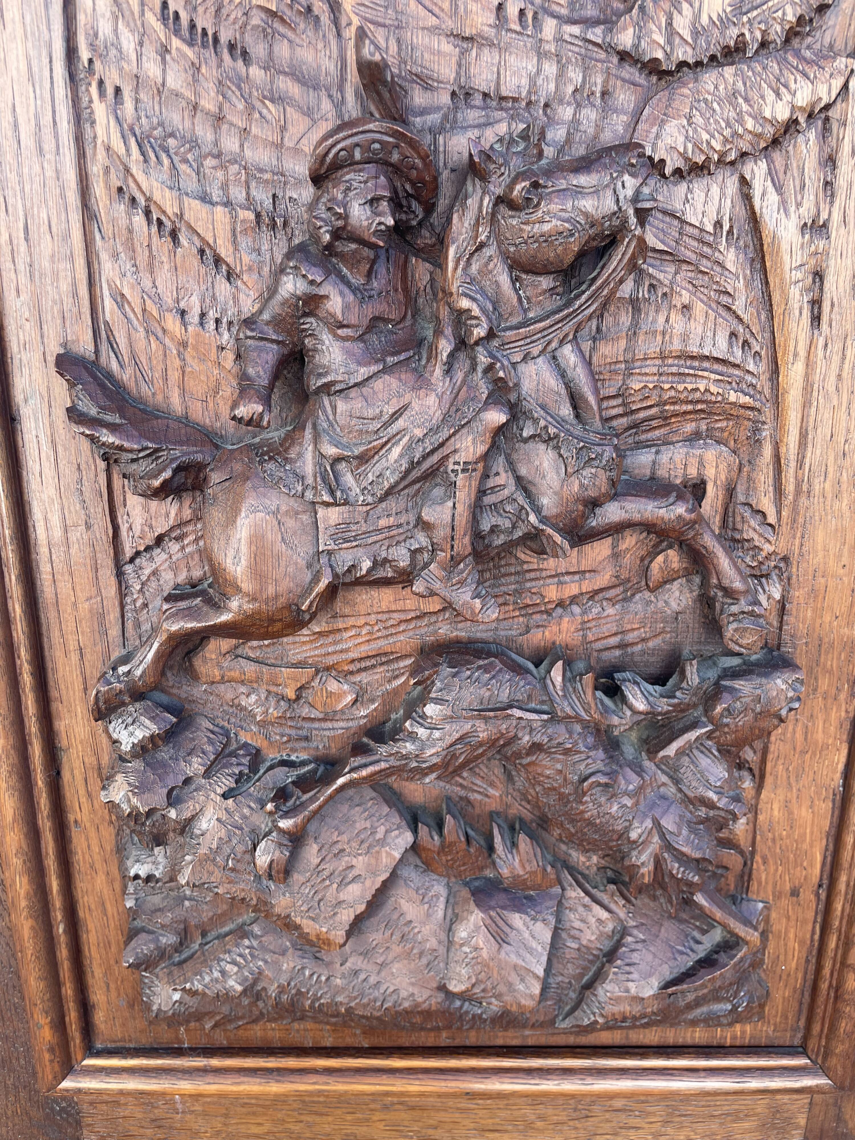 Old carved wooden door panel bas relief hunting scene (oak)