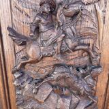 Ancien panneau porte bois sculpté bas relief scène de chasse (chêne)