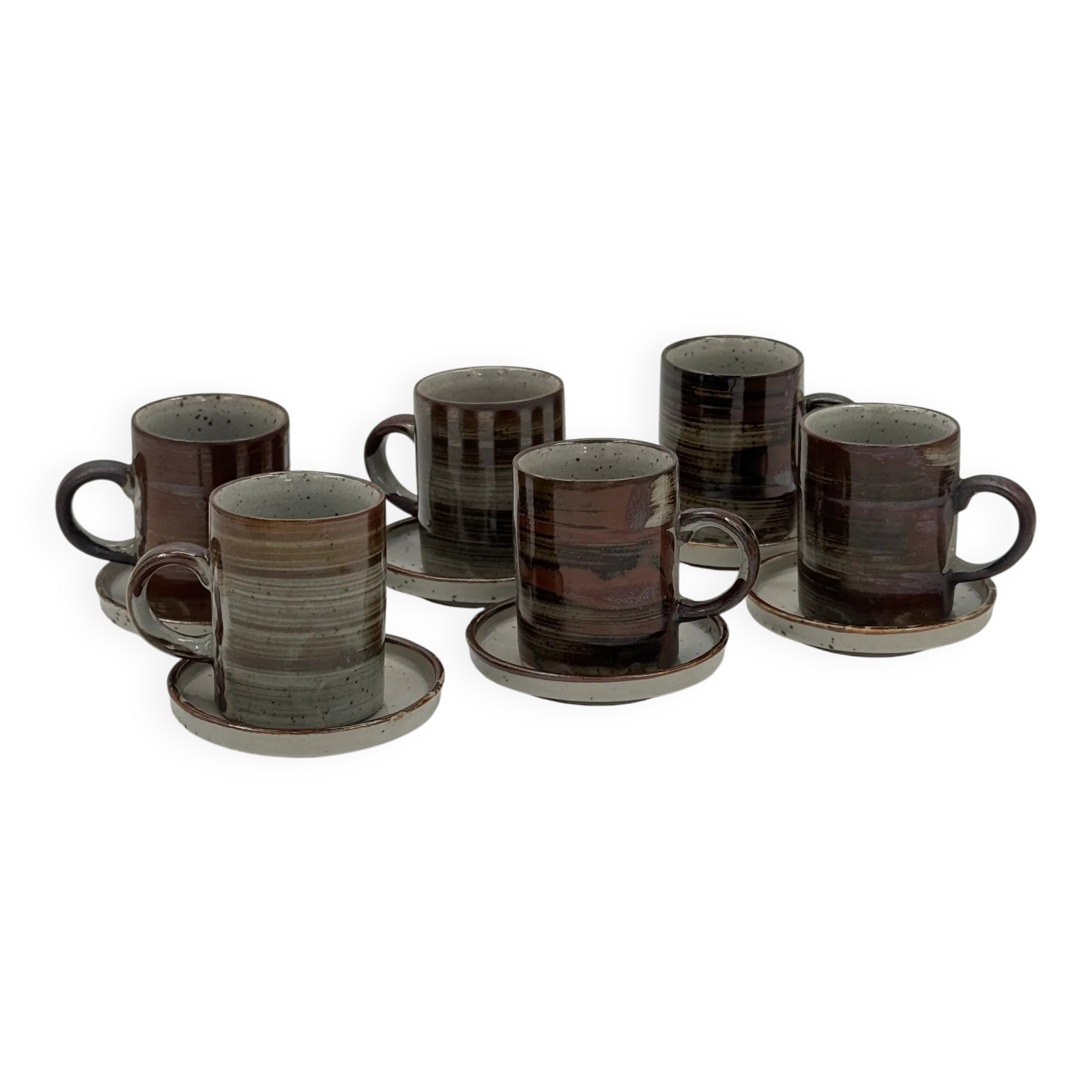 Set of 6 vintage handmade stoneware cups and saucers.