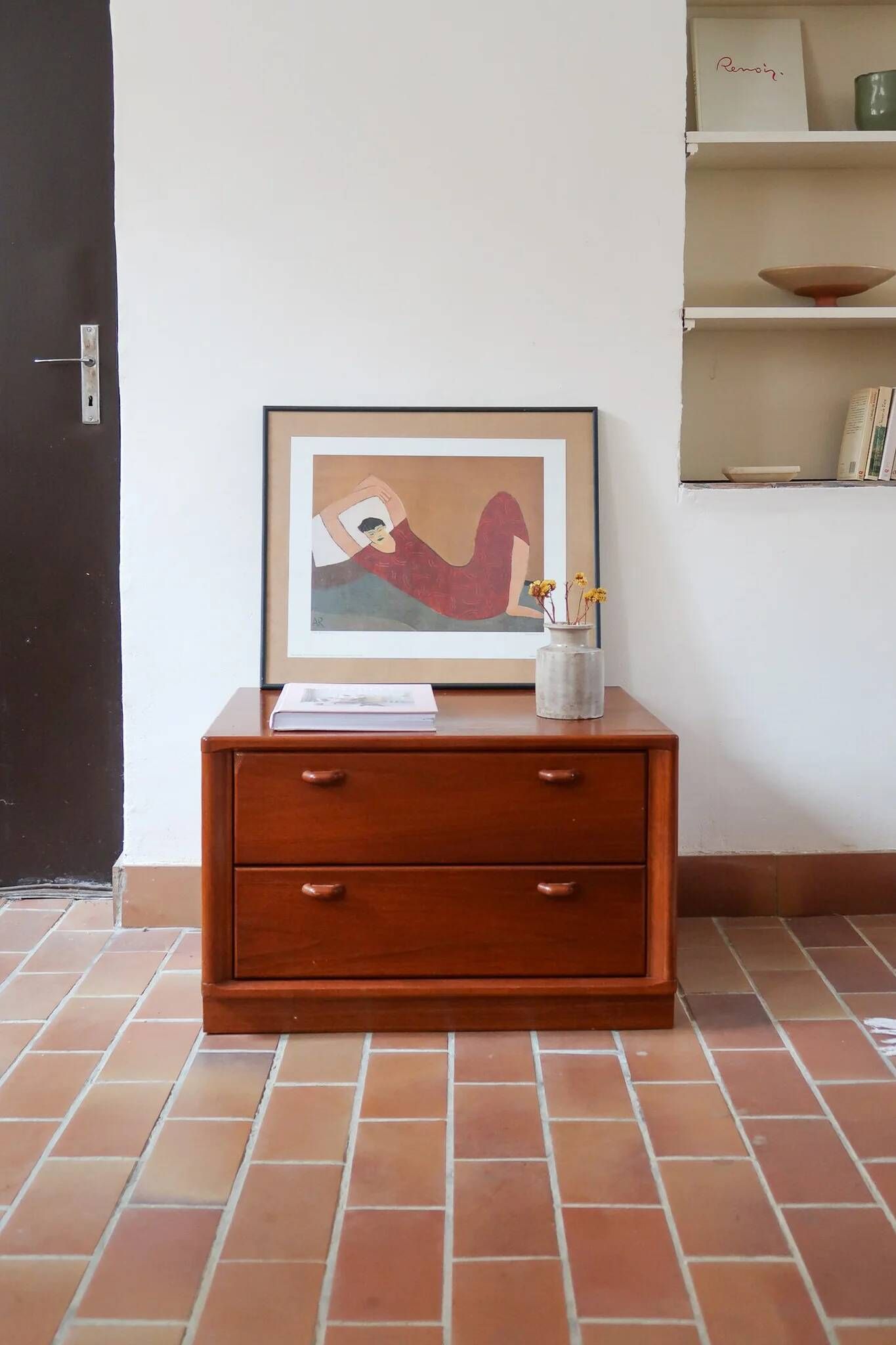 Small piece of furniture with 2 drawers in teak, bedside table or end table.