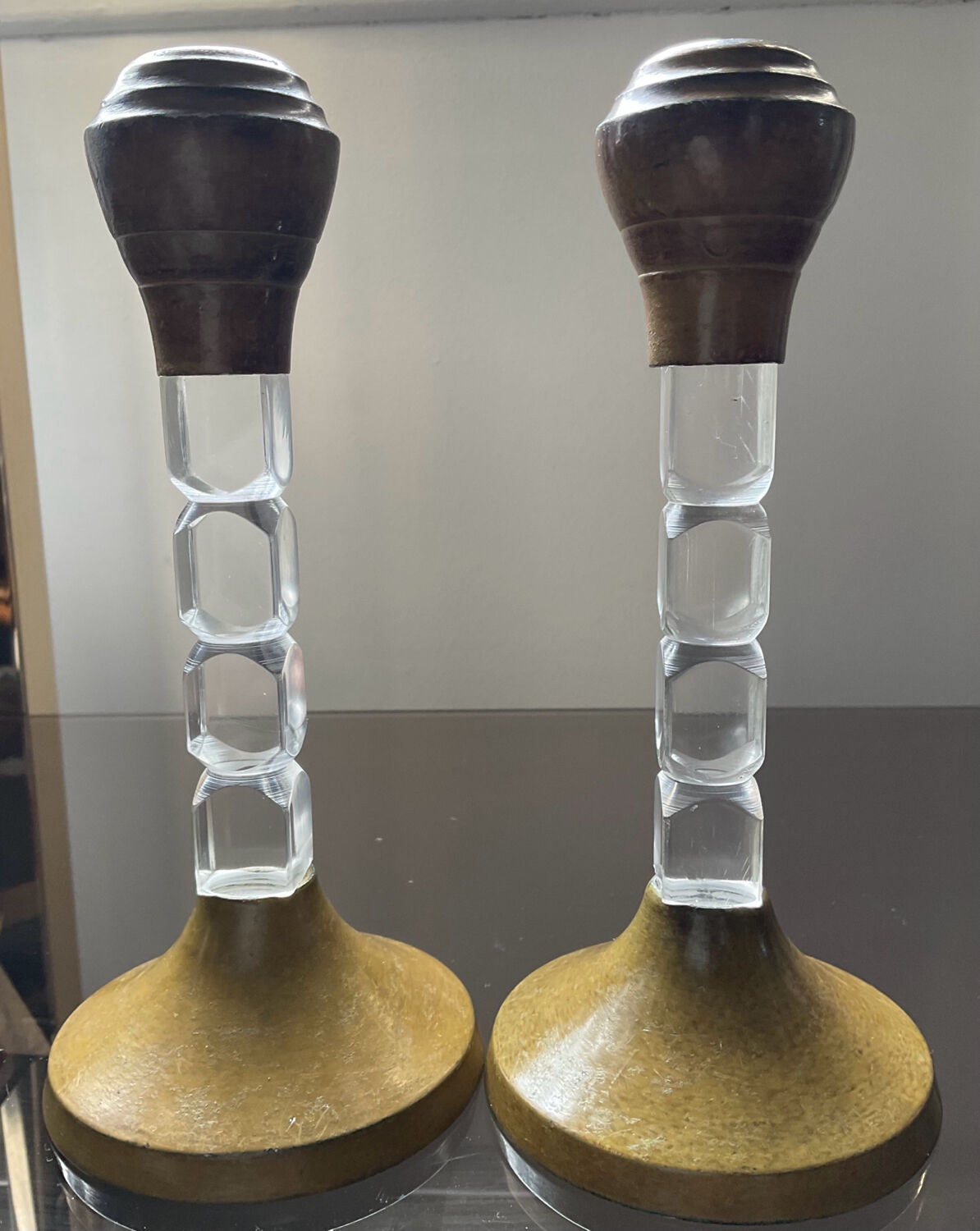 Pair of vintage candle holders in lucite and metal