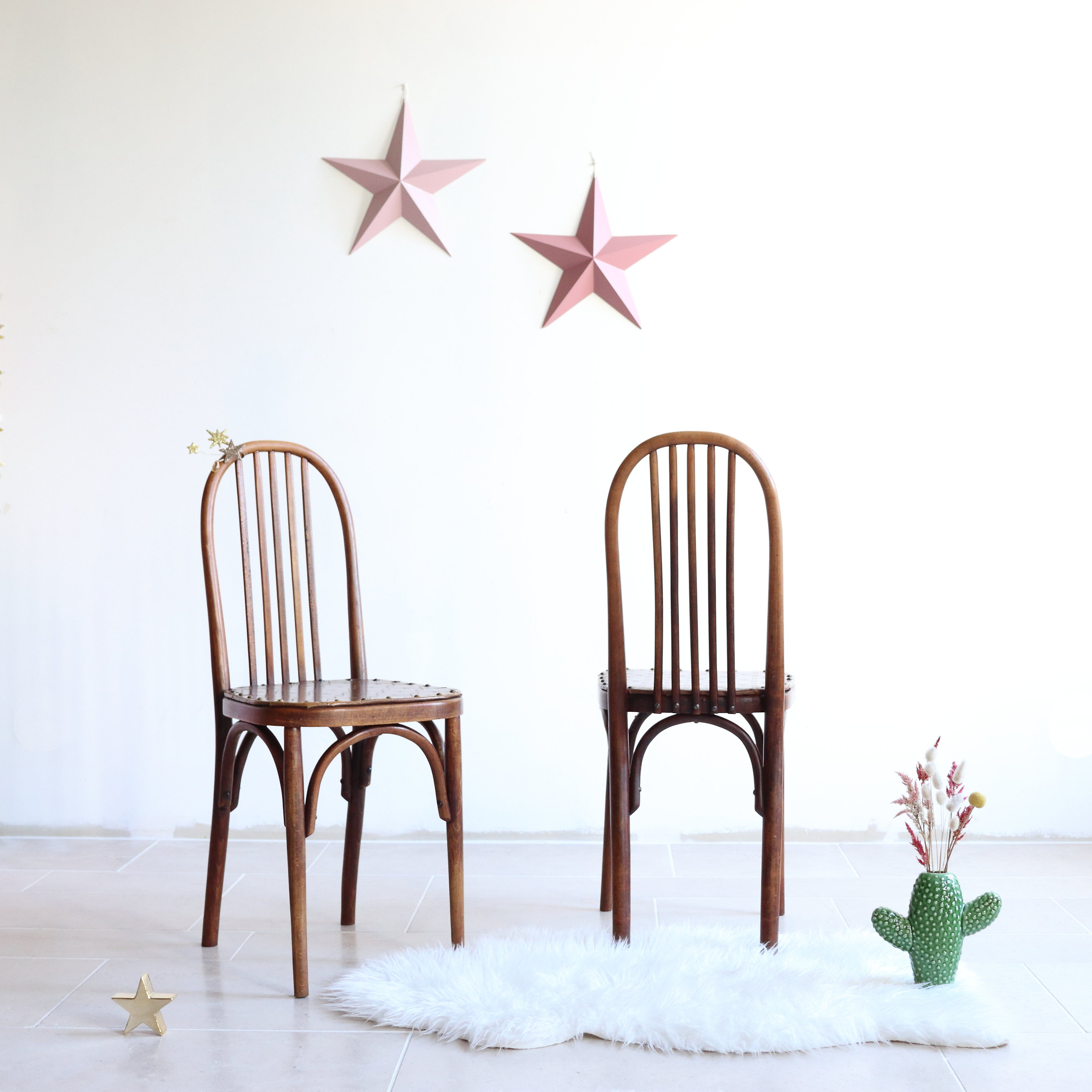 Set of 4 Luterma bistro chairs in curved wood and imitation leather, early 20th century